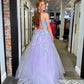 Robe de soirée longue en dentelle lilas à col en V brillant et épaules dénudées, robe de soirée en dentelle lilas, robe de soirée en tulle violet nv1507