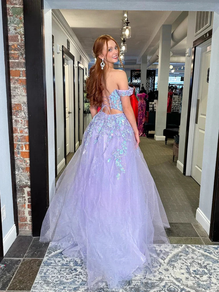 Robe de soirée longue en dentelle lilas à col en V brillant et épaules dénudées, robe de soirée en dentelle lilas, robe de soirée en tulle violet nv1507