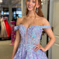 Robe de soirée longue en dentelle lilas à col en V brillant et épaules dénudées, robe de soirée en dentelle lilas, robe de soirée en tulle violet nv1507