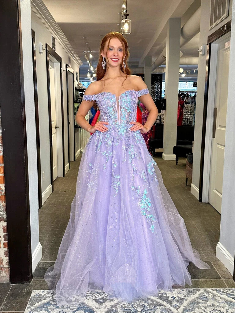 Robe de soirée longue en dentelle lilas à col en V brillant et épaules dénudées, robe de soirée en dentelle lilas, robe de soirée en tulle violet nv1507