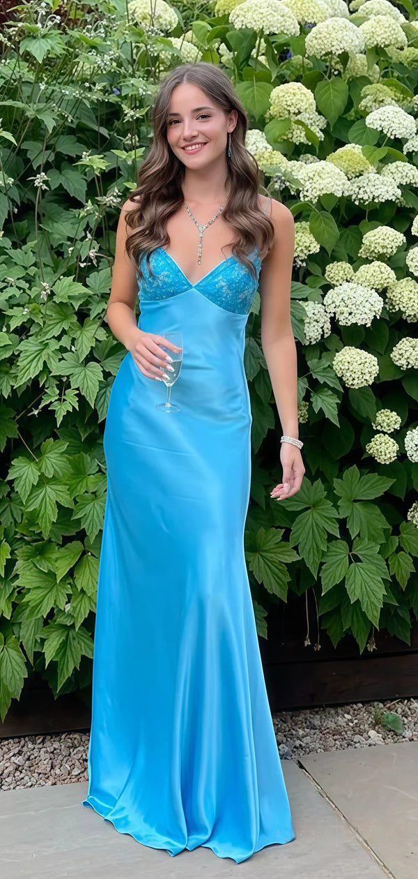 Blaues, modisches, exquisites, mit Perlen verziertes, elegantes, langes Satin-Partykleid mit V-Ausschnitt, figurbetontes, bodenlanges Ballkleid, Abendkleid, nv3849
