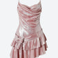 Süße Spaghettiträger Rüschen kurze Satin Mädchen Mini Homecoming Kleid Partykleid nv5438