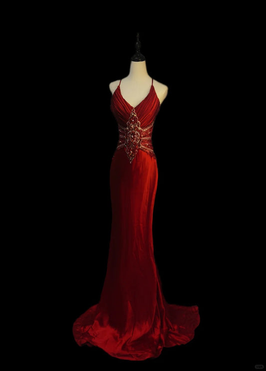 Red Gorgeous Elegant Exquisite Gem Beads Long Satin Floor Length Trailing Ball Gown Evening Gown Party Dress Prom Gown nv3919