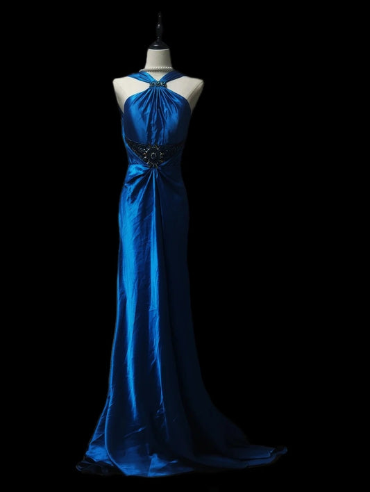Blue Stylish Elegant Exquisite Gemstone Beaded Long Satin Floor Length Ball Gown Evening Gown Party Dress Prom Gown nv3900
