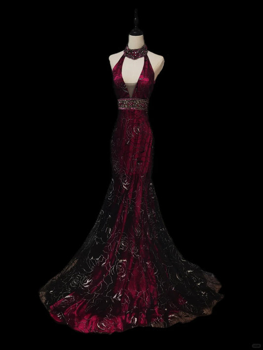 Purple Luxury Gorgeous Elegant V-neck Exquisite Gem Beading Long Mermaid Slim Satin Tulle Floor-length Trailing Ball Gown Evening Gown Party Dress nv3922