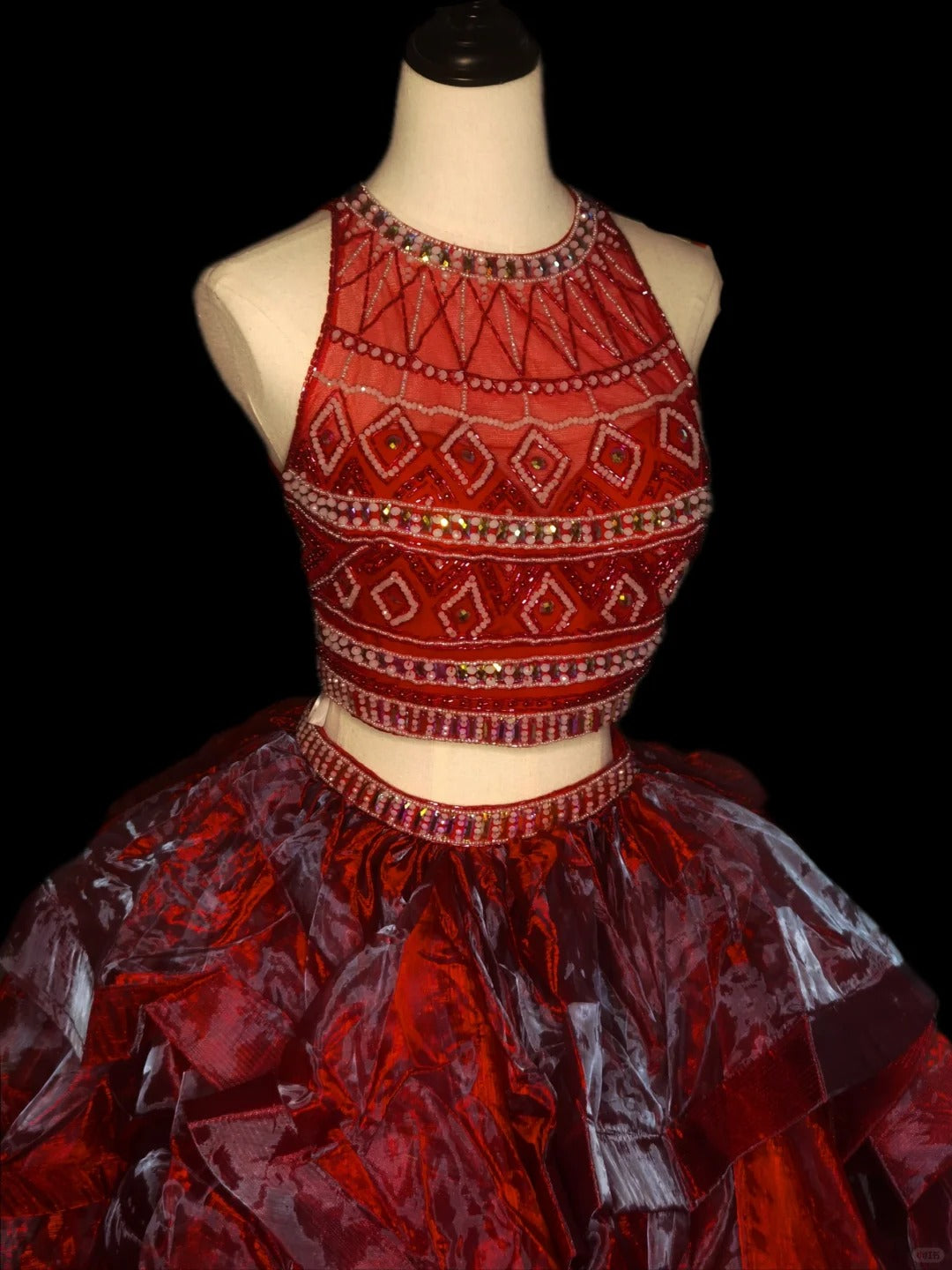 Red luxury gorgeous elegant exquisite gemstone beaded long tulle floor length ball gown evening dress two piece set nv3920