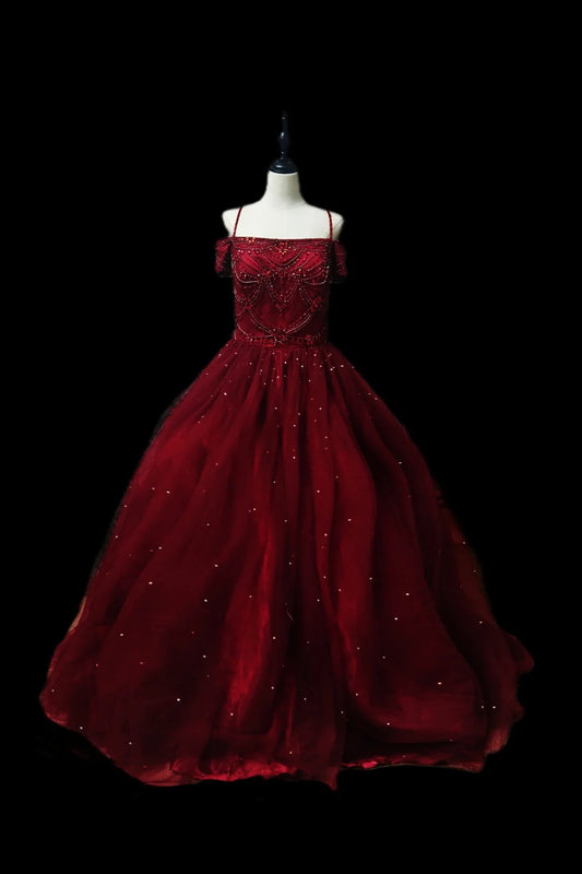 Red luxury gorgeous elegant exquisite gemstone beaded long tulle floor length ball gown evening dress nv3921