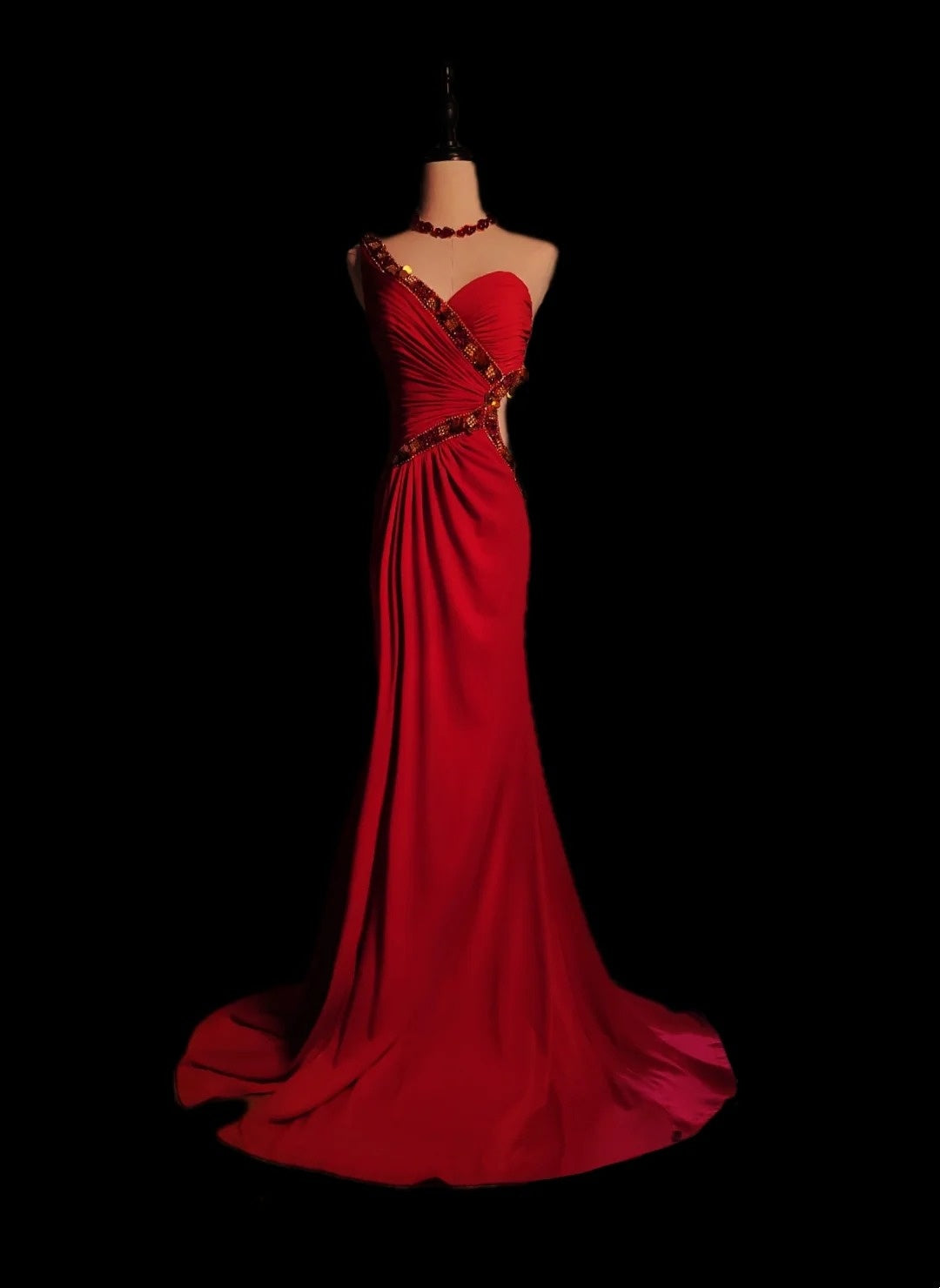 Robe de soirée longue en satin rouge, magnifique, élégante et raffinée, style rétro, avec perles, sans taille, longueur au sol, nv3942