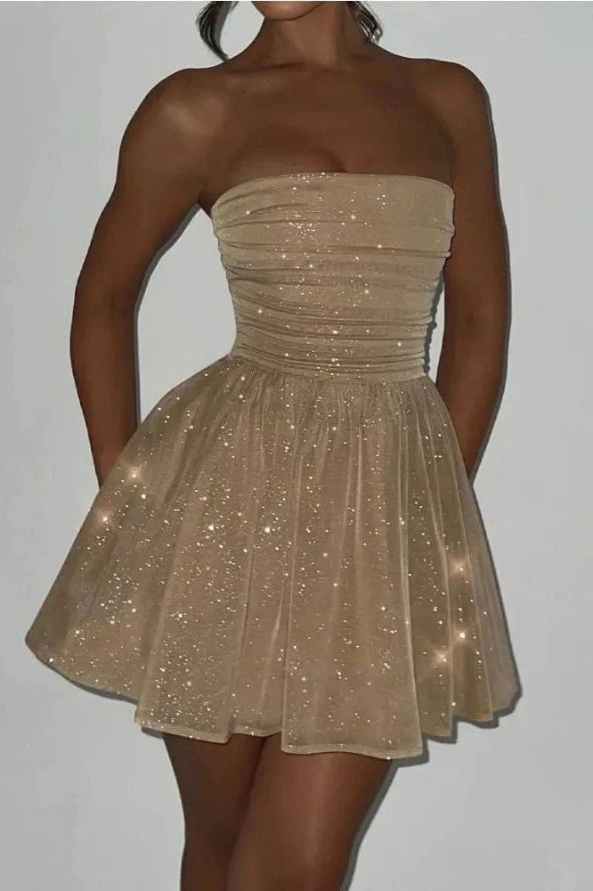 Elegantes, trägerloses, rückenfreies Abendkleid mit schmaler Schleife und Pailletten, schulterfrei, A-Linie, kurzes Mini-Homecoming-Kleid, Ballkleid nv2072