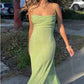 Limettengrüne Spaghettiträger mit Rüschen, glänzendem elastischem Schlitzschwanz, Farbverlauf, langes Meerjungfrau-Ballkleid, Abendkleid, Partykleid nv2407