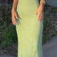 Limettengrüne Spaghettiträger mit Rüschen, glänzendem elastischem Schlitzschwanz, Farbverlauf, langes Meerjungfrau-Ballkleid, Abendkleid, Partykleid nv2407