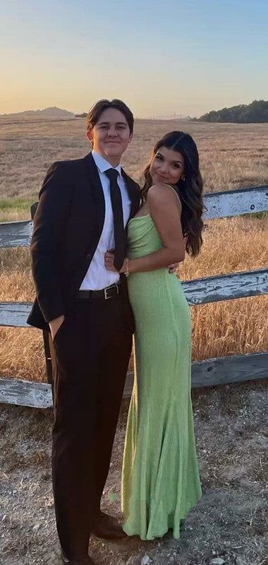 Limettengrüne Spaghettiträger mit Rüschen, glänzendem elastischem Schlitzschwanz, Farbverlauf, langes Meerjungfrau-Ballkleid, Abendkleid, Partykleid nv2407