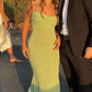 Limettengrüne Spaghettiträger mit Rüschen, glänzendem elastischem Schlitzschwanz, Farbverlauf, langes Meerjungfrau-Ballkleid, Abendkleid, Partykleid nv2407