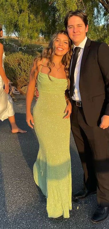 Limettengrüne Spaghettiträger mit Rüschen, glänzendem elastischem Schlitzschwanz, Farbverlauf, langes Meerjungfrau-Ballkleid, Abendkleid, Partykleid nv2407