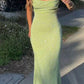 Limettengrüne Spaghettiträger mit Rüschen, glänzendem elastischem Schlitzschwanz, Farbverlauf, langes Meerjungfrau-Ballkleid, Abendkleid, Partykleid nv2407