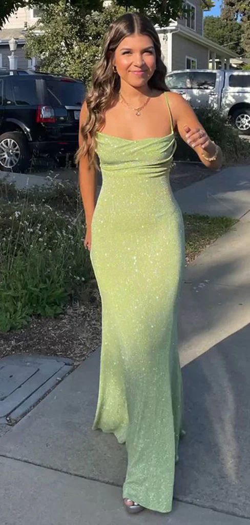 Limettengrüne Spaghettiträger mit Rüschen, glänzendem elastischem Schlitzschwanz, Farbverlauf, langes Meerjungfrau-Ballkleid, Abendkleid, Partykleid nv2407