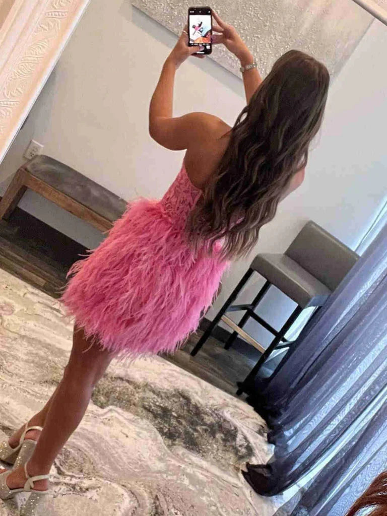 Trägerlose, perlenbesetzte, burgunderrote/rosa/schwarze, kurze Ballkleider mit Federn aus Spitze, burgunderrote/rosa/schwarze Homecoming-Kleider aus Spitze, burgunderrote/rosa/schwarze, formelle Abschluss-Abendkleider nv1480
