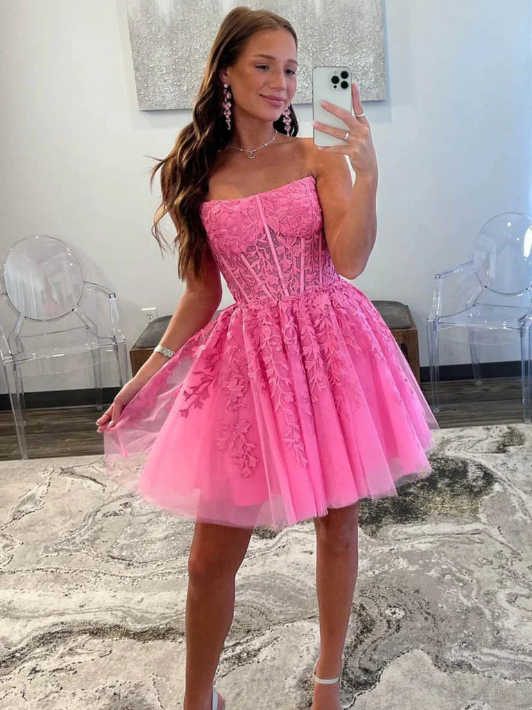 Trägerlose Ballkleider aus pinkfarbener Spitze, Homecoming-Kleider aus pinkfarbener Spitze, kurze formelle Abendkleider aus pinkfarbener Spitze nv1487