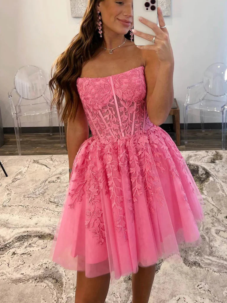 Trägerlose Ballkleider aus pinkfarbener Spitze, Homecoming-Kleider aus pinkfarbener Spitze, kurze formelle Abendkleider aus pinkfarbener Spitze nv1487