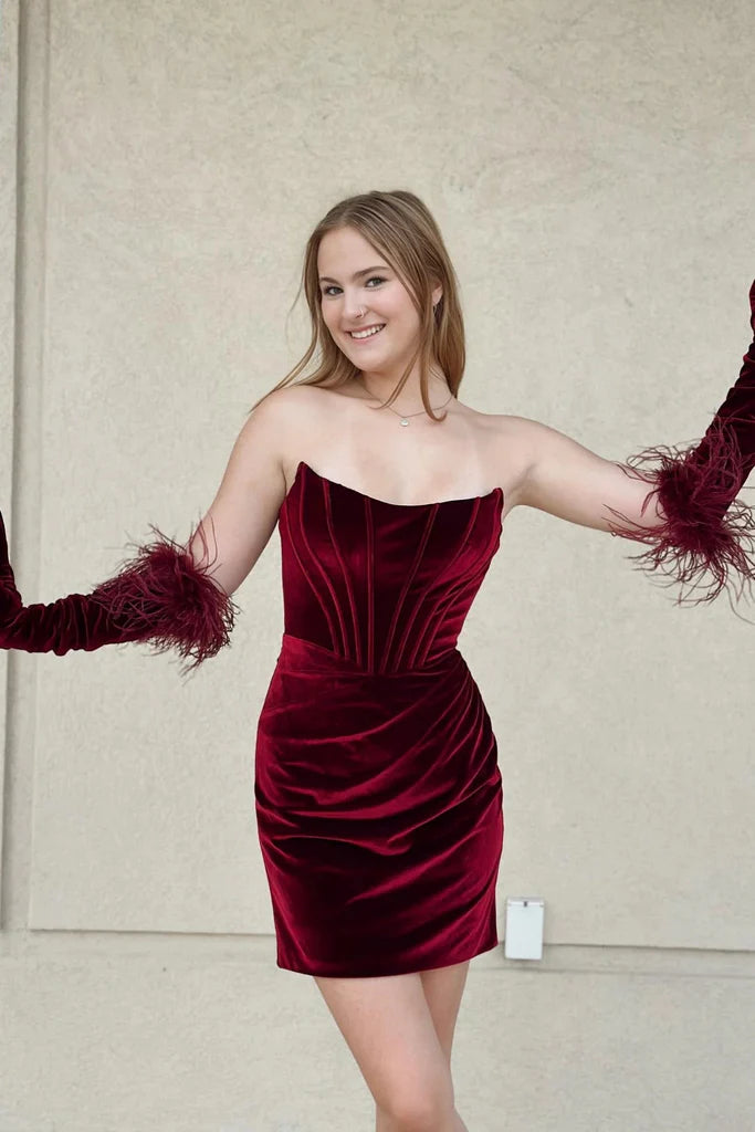 Trägerloses Meerjungfrau-Abschlussballkleid in Burgunderrot und Samt, kurzes Ballkleid, Meerjungfrau-Abschlussballkleid in Weinrot, formelles Abendkleid aus Burgunderrot und Samt, nv1568