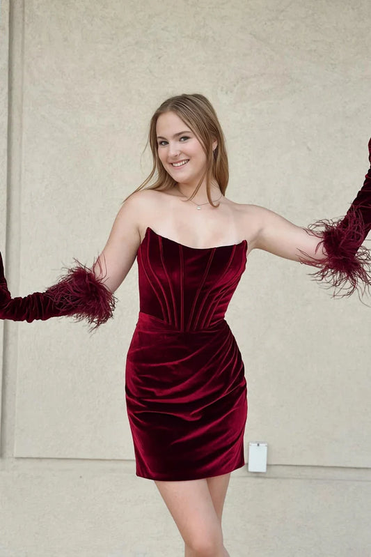 Trägerloses Meerjungfrau-Abschlussballkleid in Burgunderrot und Samt, kurzes Ballkleid, Meerjungfrau-Abschlussballkleid in Weinrot, formelles Abendkleid aus Burgunderrot und Samt, nv1568