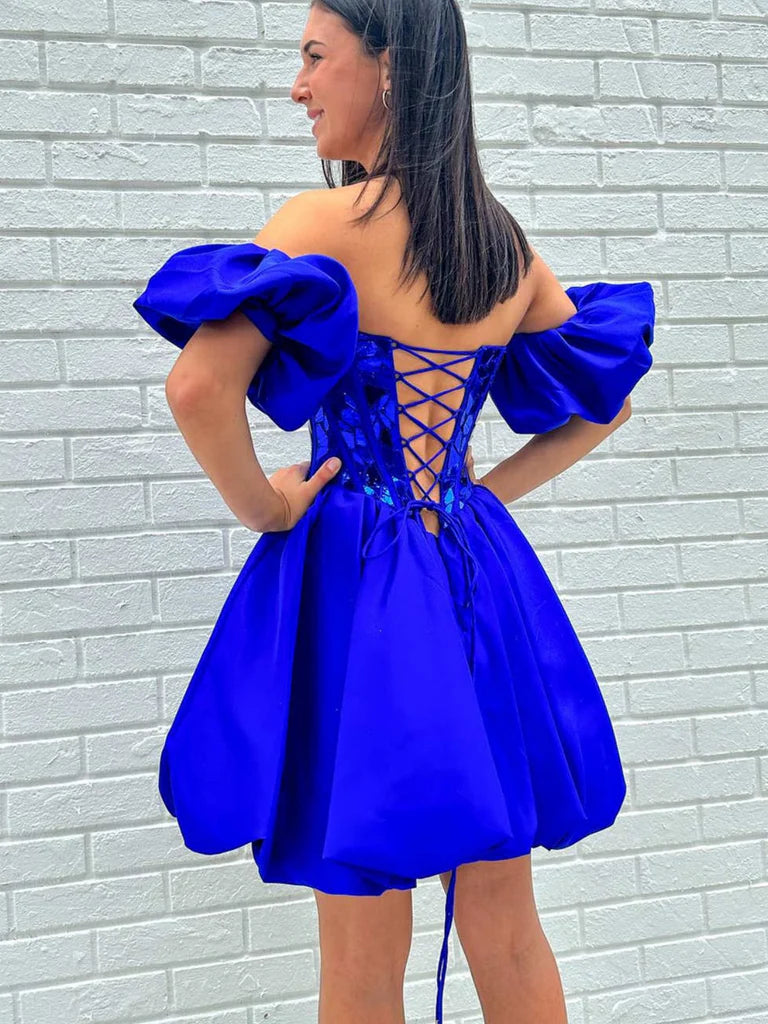 Trägerlose, verspiegelte, königsblaue, kurze Ballkleider mit Pailletten, königsblaue Homecoming-Kleider mit verspiegelten Pailletten, königsblaue formelle Abschluss-Abendkleider nv1479