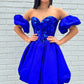 Trägerlose, verspiegelte, königsblaue, kurze Ballkleider mit Pailletten, königsblaue Homecoming-Kleider mit verspiegelten Pailletten, königsblaue formelle Abschluss-Abendkleider nv1479