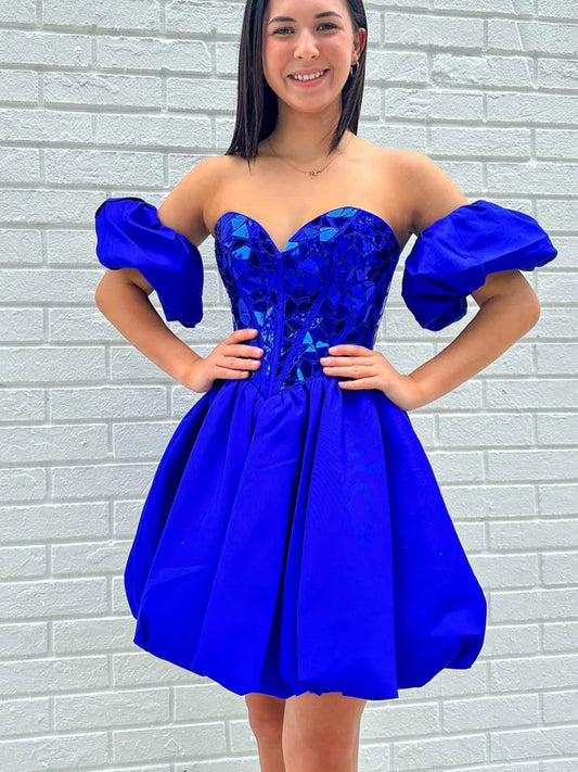 Trägerlose, verspiegelte, königsblaue, kurze Ballkleider mit Pailletten, königsblaue Homecoming-Kleider mit verspiegelten Pailletten, königsblaue formelle Abschluss-Abendkleider nv1479