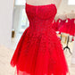 Trägerlose, kurze Ballkleider aus lila/rot/blauer Spitze, Homecoming-Kleider aus lila/rot/blauer Spitze, kurze formelle Abendkleider nv1483