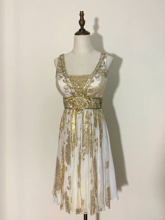 ✨Golden Streamer Vintage Satin Perlen Kurzes Homecoming-Kleid Geburtstagspartykleid nv5429
