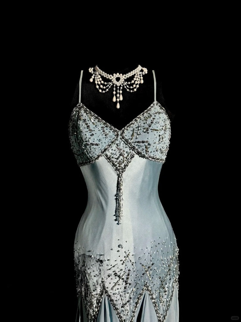 Robe de soirée courte en satin bleu brume, faite à la main, avec perles, exquise et magnifique, robe de bal, robe de soirée, robe de fête d'anniversaire, nv4719