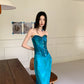 Zweiteiliges, herzförmiges, elegantes, pfauenblaues Satin-Ballkleid, Partykleid, Abendkleid, Anzug, NV1782