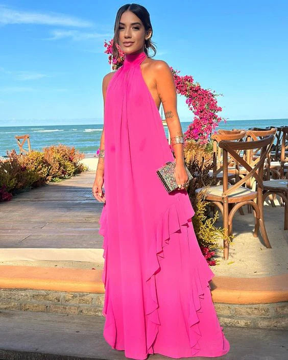 Hot Pink Simple Chiffon A-Line Sleeveless Ball Gown Wedding Guest Dress Party Dress Evening Gown nv2255