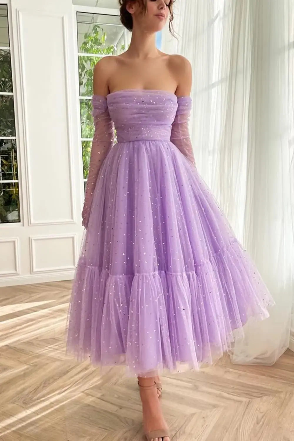 Glitzernde Tüll-Ballkleider für süße Kleider in Teelänge, formelles Abendkleid, transparentes Netz, Party-Ballkleid nv1643