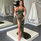 Elegantes olivgrünes Ballkleid, einfache Träger, V-Ausschnitt, ärmellos, hoher Schlitz, Satin, Ballkleid, Partykleid, formelle Kleidung, NV1649