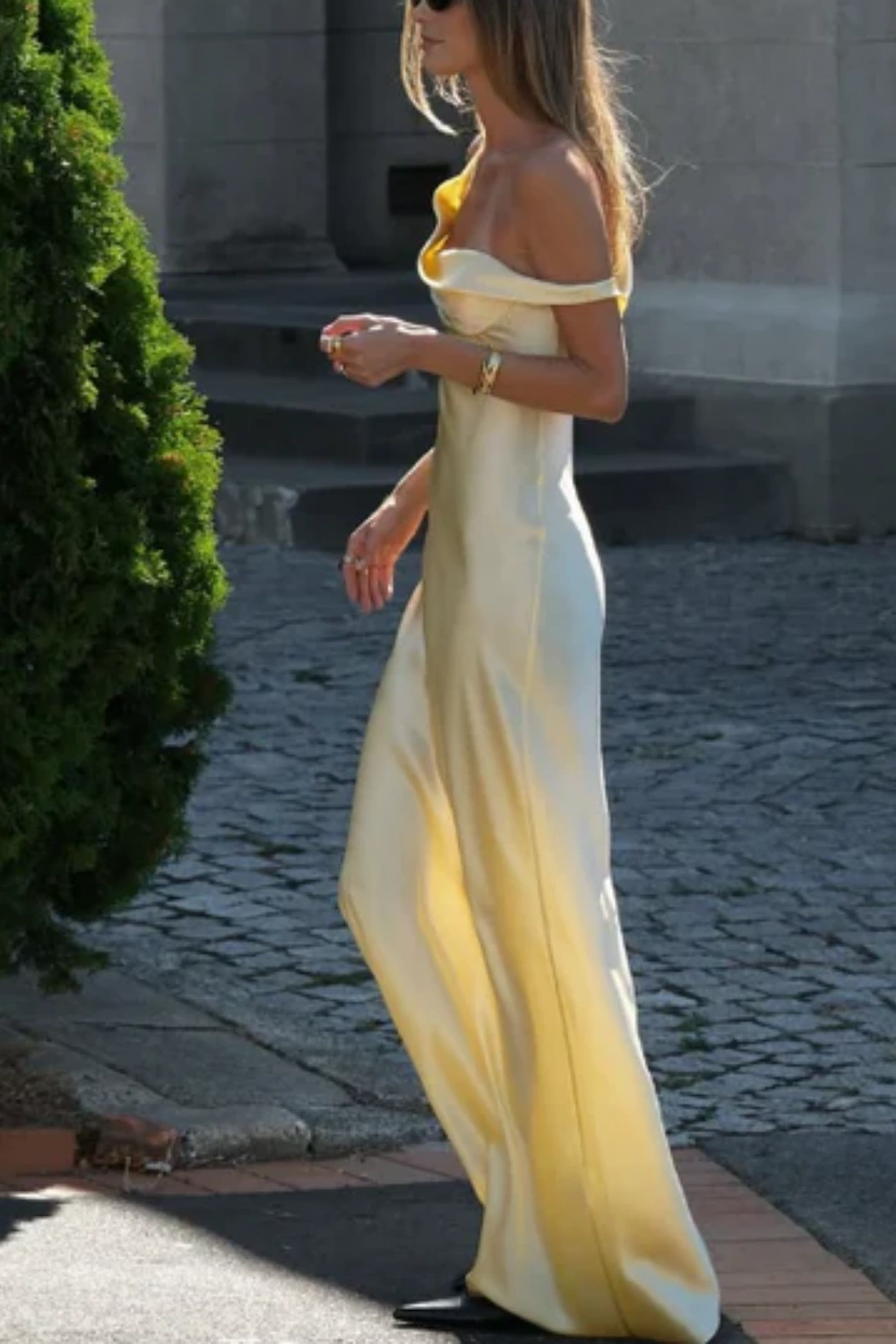 Elegantes, hellgelbes A-Linien-Träger-Satin-Langballkleid, Abendkleid nv5393