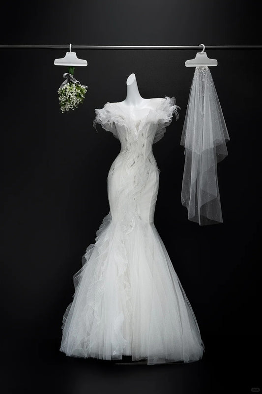 White Elegant Romantic Fashion Long Mermaid Slim Tulle Ball Gown Evening Gown Wedding Dress nv4038