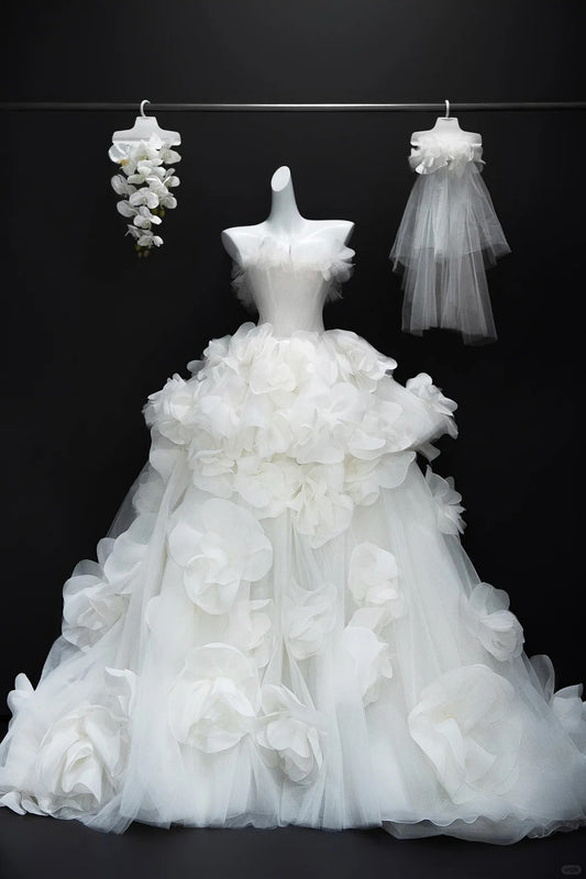 White Elegant Romantic Fashion Long Floor-Length Tulle Ball Gown Evening Gown Wedding Dress nv4039