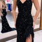 Cute Mermaid V Neck Black Sequins Long Prom Dresses with Slit nv965