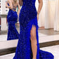Cute Mermaid V Neck Black Sequins Long Prom Dresses with Slit nv965