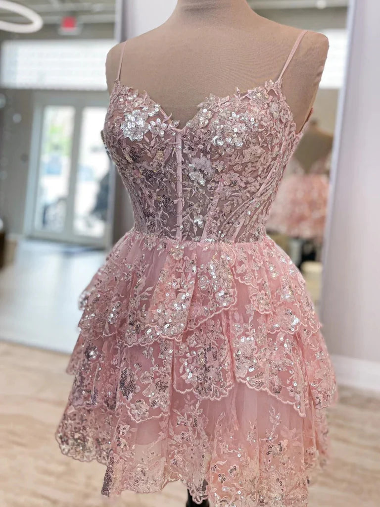 Kurze Ballkleider mit V-Ausschnitt und rosa Spitzenpailletten, Homecoming-Kleider aus rosa Spitze, formelle Abschluss-Abendkleider mit rosa Pailletten nv1481