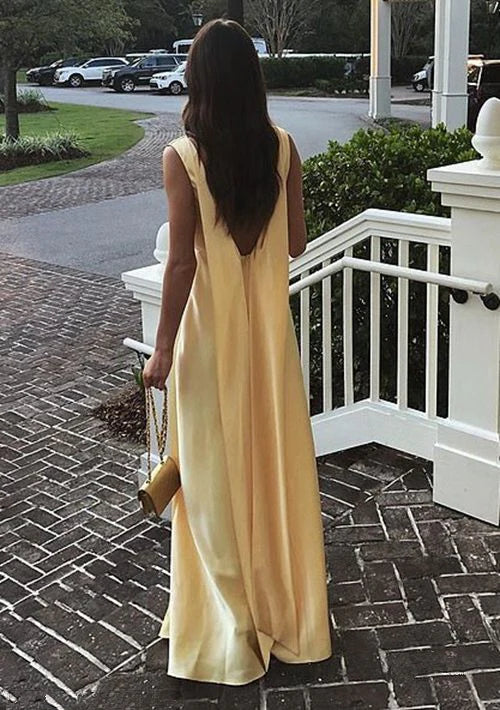 Light Yellow Simple V-neck A-line Satin Long Prom Dress Banquet Dress Evening Dress Party Dress nv2500