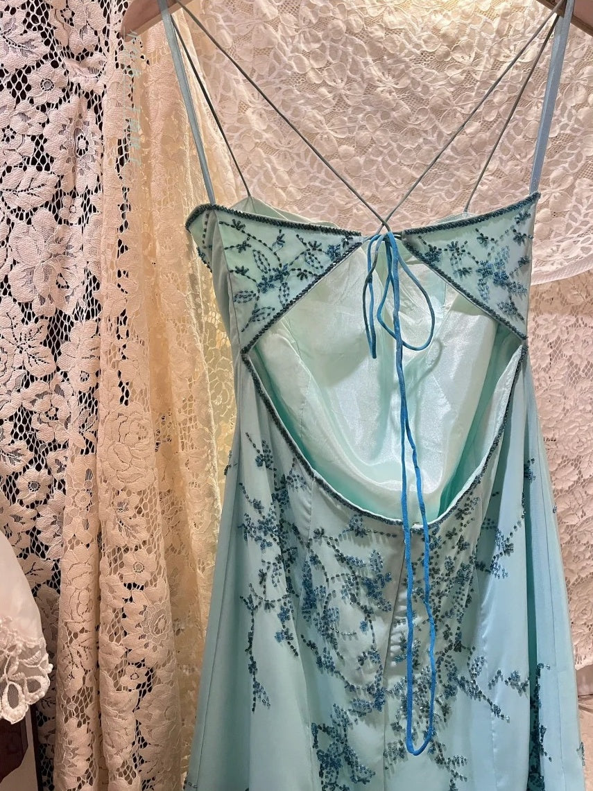 Blue exquisite beading vintage fashion floral long satin ball gown evening dress nv4315