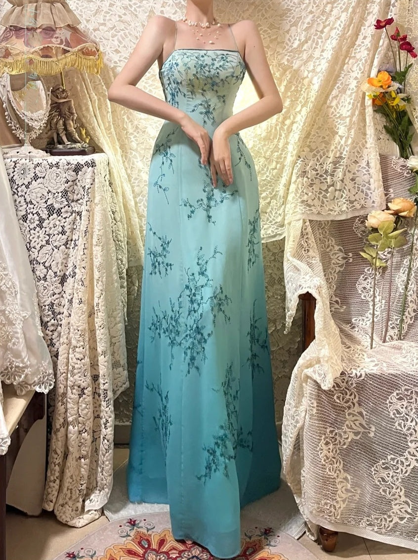 Blue exquisite beading vintage fashion floral long satin ball gown evening dress nv4315