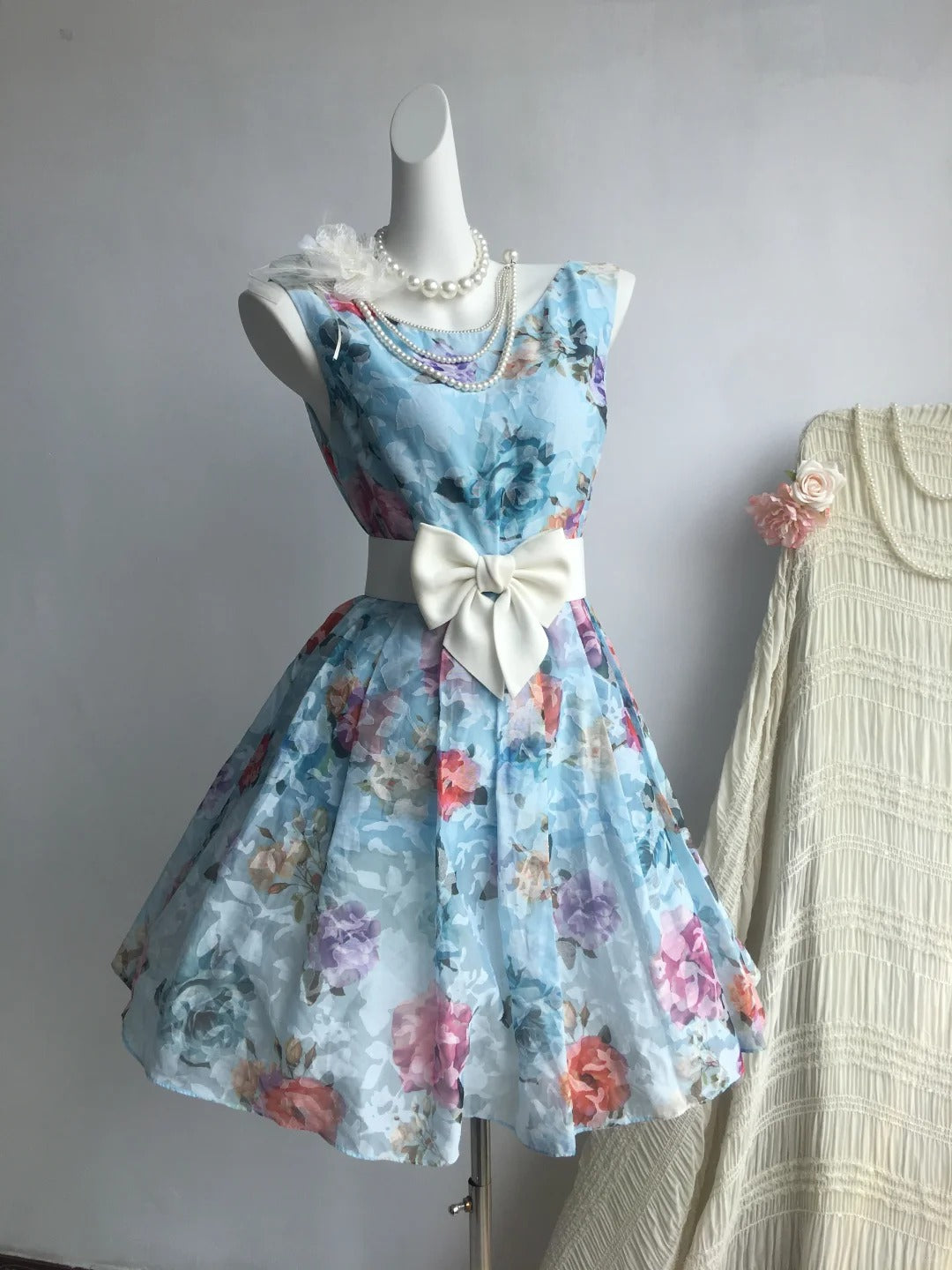 ✨Robe de soirée courte en mousseline de soie à fleurs bleues nv5433