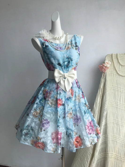 ✨Blaues, geblümtes, hübsches, kurzes Chiffon-Heimkehrkleid, Partykleid, NV5433