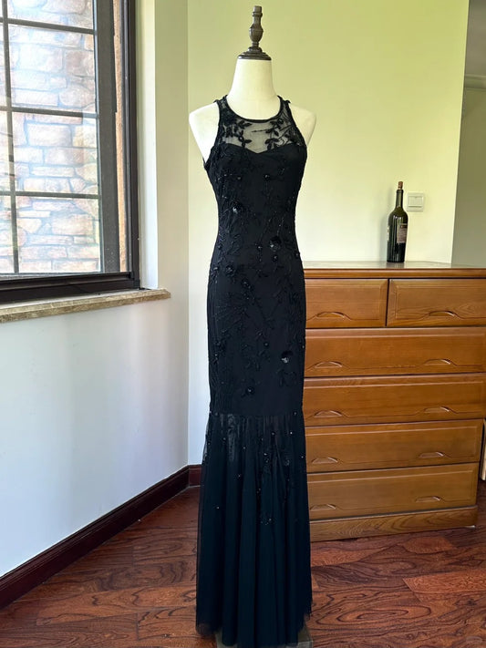 🖤Langes Ballkleid aus schwarzem Vintage-Fischschwanznetz mit Perlenstickerei, NV5430