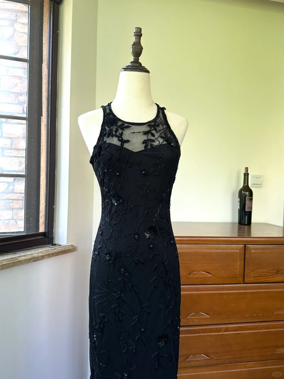 🖤Langes Ballkleid aus schwarzem Vintage-Fischschwanznetz mit Perlenstickerei, NV5430