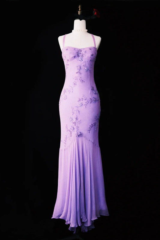Vintage Lila Glyzinienblume Romantisches Lila Exquisites Handgefertigtes Langes Chiffonkleid mit Perlenstickerei NV6609