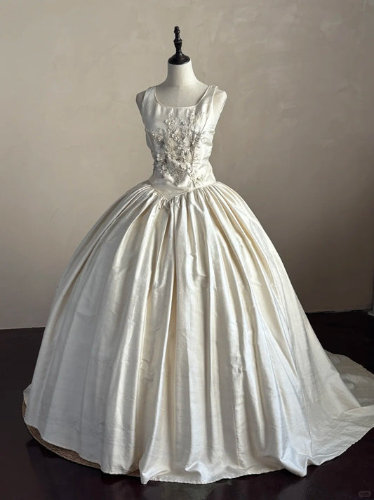 Elfenbeinweißes, florales, perlenbesetztes langes Satin-Ballkleid, Abendkleid, Brautkleid, nv4439
